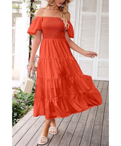 Women's Casual Summer Midi Dress Puffy Short Sleeve Square Neck Smocked Tiered Ruffle Dresses Orange $23.96 Dresses