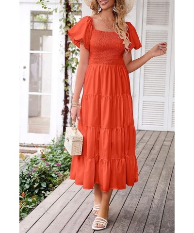 Women's Casual Summer Midi Dress Puffy Short Sleeve Square Neck Smocked Tiered Ruffle Dresses Orange $23.96 Dresses