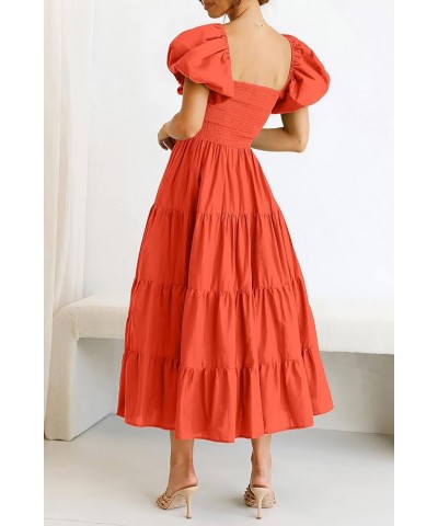 Women's Casual Summer Midi Dress Puffy Short Sleeve Square Neck Smocked Tiered Ruffle Dresses Orange $23.96 Dresses