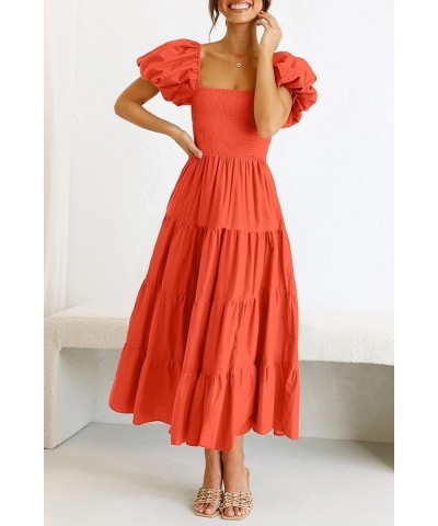 Women's Casual Summer Midi Dress Puffy Short Sleeve Square Neck Smocked Tiered Ruffle Dresses Orange $23.96 Dresses