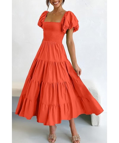 Women's Casual Summer Midi Dress Puffy Short Sleeve Square Neck Smocked Tiered Ruffle Dresses Orange $23.96 Dresses