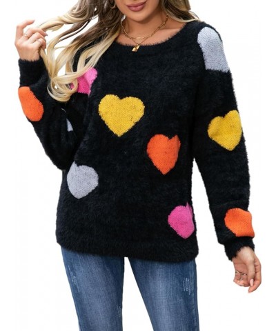 Fuzzy Heart Sweater for Women Warm Long Sleeve Crew Neck Valentine Knit Pullover Sweater Fall Winter Y2K Tops C-black $20.15 ...