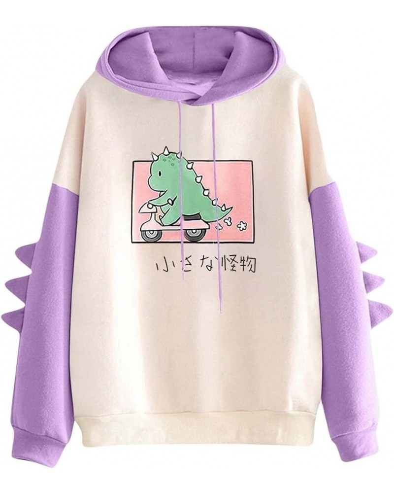 Womens Dinosaur Printed Cute Hoodies Trendy Color Block Long Sleeve Sweatshirt Kawaii Cartoon Graphic Pullover for Teen Girls...