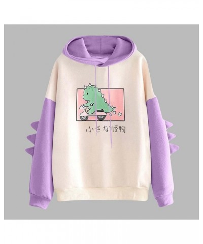 Womens Dinosaur Printed Cute Hoodies Trendy Color Block Long Sleeve Sweatshirt Kawaii Cartoon Graphic Pullover for Teen Girls...