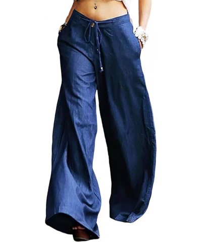 Women's Baggy Wide Leg Pants Casual Loose Drawstring Capris Trousers with Pockets Dark Blue $12.60 Pants