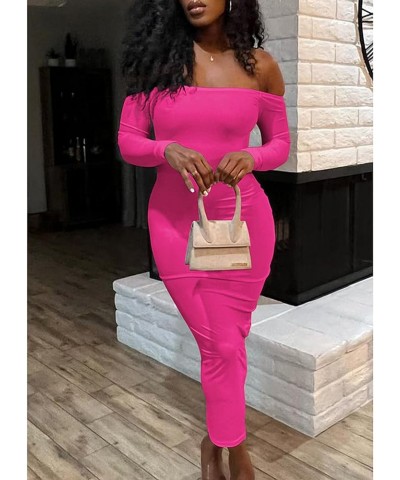 Women's Summer Sexy Off The Shoulder Pullover Long Dress Backless Bodycon Ruched Cocktail Party Maxi Dresses Rose Red $15.84 ...