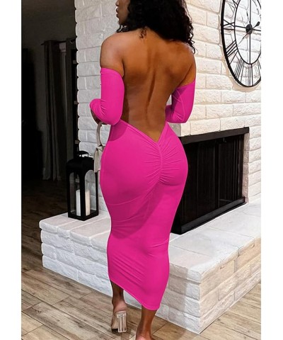 Women's Summer Sexy Off The Shoulder Pullover Long Dress Backless Bodycon Ruched Cocktail Party Maxi Dresses Rose Red $15.84 ...