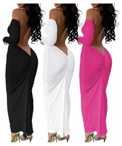 Women's Summer Sexy Off The Shoulder Pullover Long Dress Backless Bodycon Ruched Cocktail Party Maxi Dresses Rose Red $15.84 ...