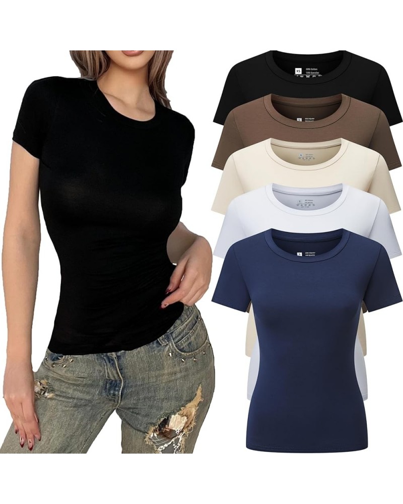 5pcs Women's Short Sleeve Slim Fit Y2K T Shirt Crew Neck Bodycon Crop Tunics Going Out Tops Coffee/Apricot/Navy Blue $15.68 Tops