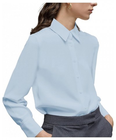 Women's Button Down Shirt Classic Long Sleeve Collared Tops Work Office Chiffon Blouse Blue Blouses $18.23 Blouses