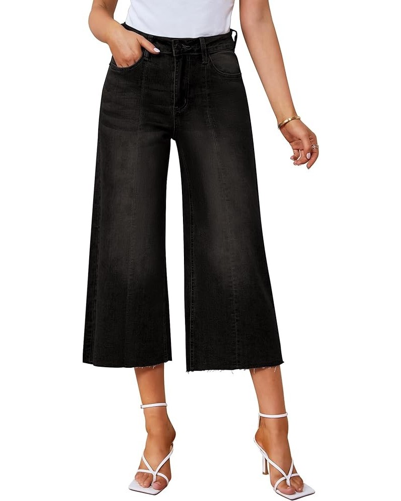 Jean Capris for Women Wide Leg Jeans High Waisted Seamed Front Raw Hem Denim Capri Pants Stretchy Black $20.16 Jeans