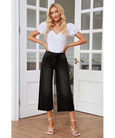 Jean Capris for Women Wide Leg Jeans High Waisted Seamed Front Raw Hem Denim Capri Pants Stretchy Black $20.16 Jeans