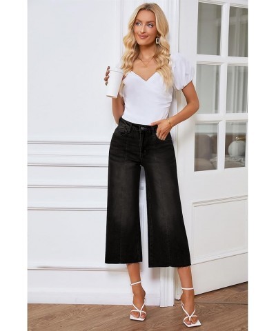 Jean Capris for Women Wide Leg Jeans High Waisted Seamed Front Raw Hem Denim Capri Pants Stretchy Black $20.16 Jeans