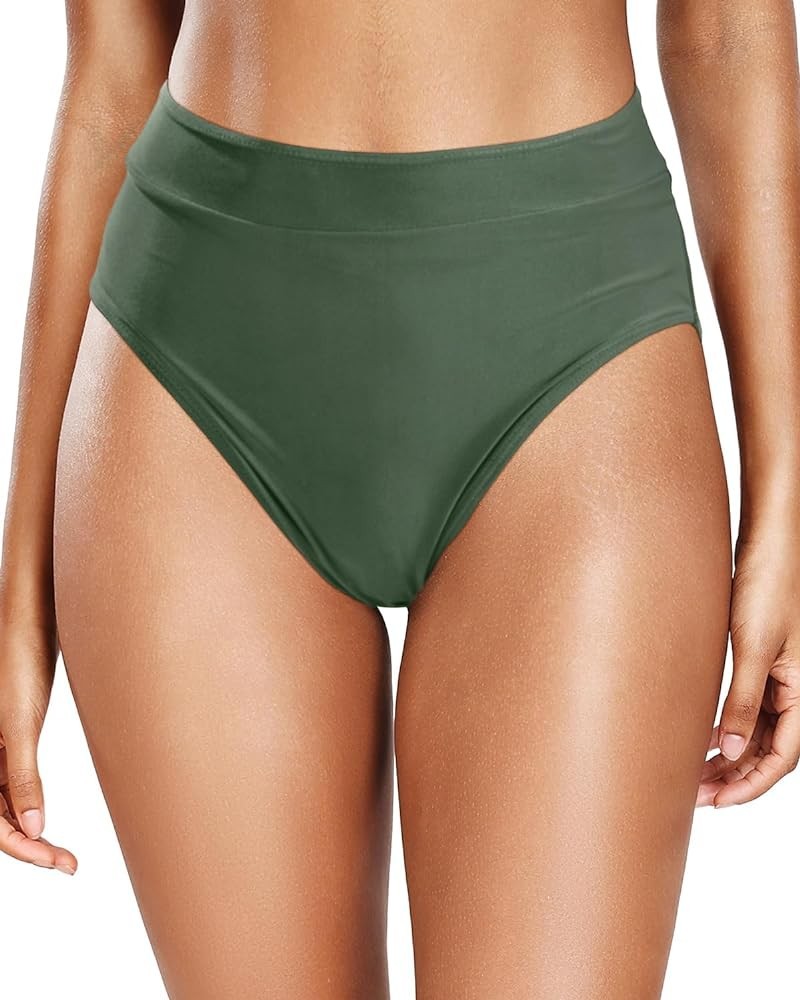 Women High Waisted Bathing Suit Bottoms Tummy Control Bikini Bottom Swimsuit High Cut Swim Bottom Army Green $12.41 Swimsuits