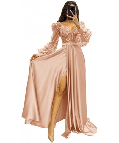 Long Sleeve Sequin Prom Dresses with Slit Satin Formal Evening Party Gowns for Women Peach $33.58 Dresses