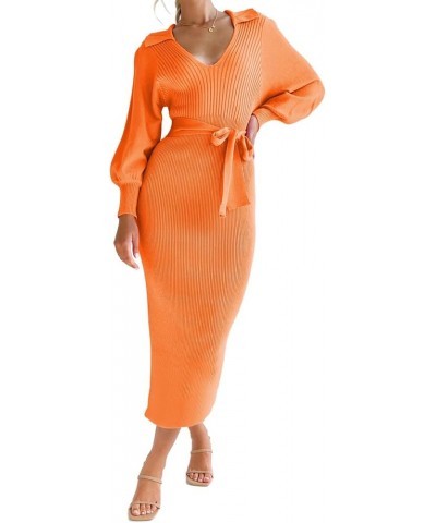 Women's Ribbed Sweater Wrap Dress Elegant Long Sleeve V Neck Knit Bodycon Maxi Dresses with Belt Orange $34.21 Sweaters