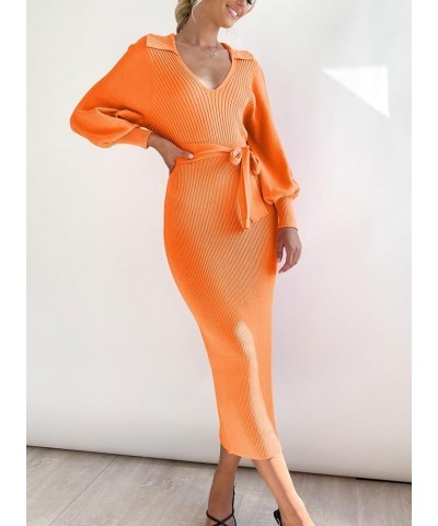 Women's Ribbed Sweater Wrap Dress Elegant Long Sleeve V Neck Knit Bodycon Maxi Dresses with Belt Orange $34.21 Sweaters