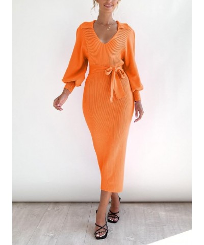 Women's Ribbed Sweater Wrap Dress Elegant Long Sleeve V Neck Knit Bodycon Maxi Dresses with Belt Orange $34.21 Sweaters