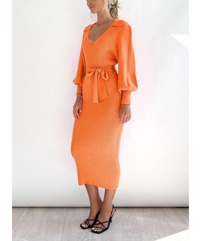 Women's Ribbed Sweater Wrap Dress Elegant Long Sleeve V Neck Knit Bodycon Maxi Dresses with Belt Orange $34.21 Sweaters