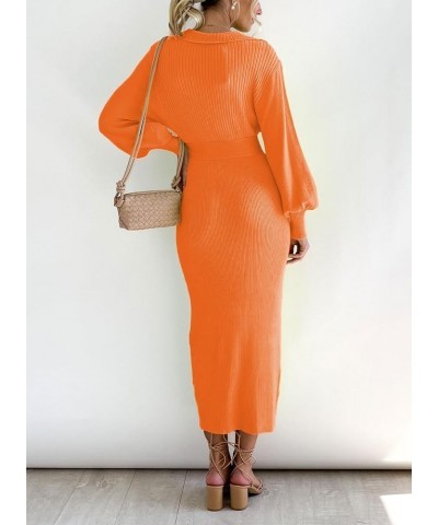 Women's Ribbed Sweater Wrap Dress Elegant Long Sleeve V Neck Knit Bodycon Maxi Dresses with Belt Orange $34.21 Sweaters