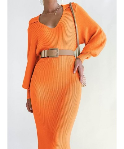 Women's Ribbed Sweater Wrap Dress Elegant Long Sleeve V Neck Knit Bodycon Maxi Dresses with Belt Orange $34.21 Sweaters