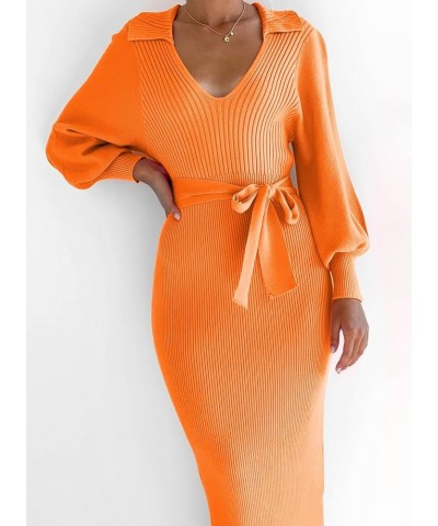 Women's Ribbed Sweater Wrap Dress Elegant Long Sleeve V Neck Knit Bodycon Maxi Dresses with Belt Orange $34.21 Sweaters