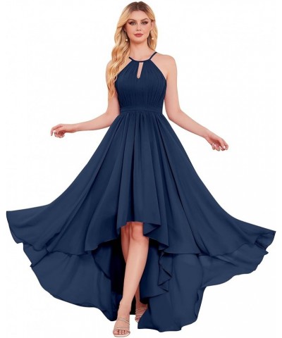 Elegant Halter Neck Bridesmaid Dresses for Wedding Pleated Top Chiffon A Line High Low Prom Dress Formal Gowns Navy Blue $30....