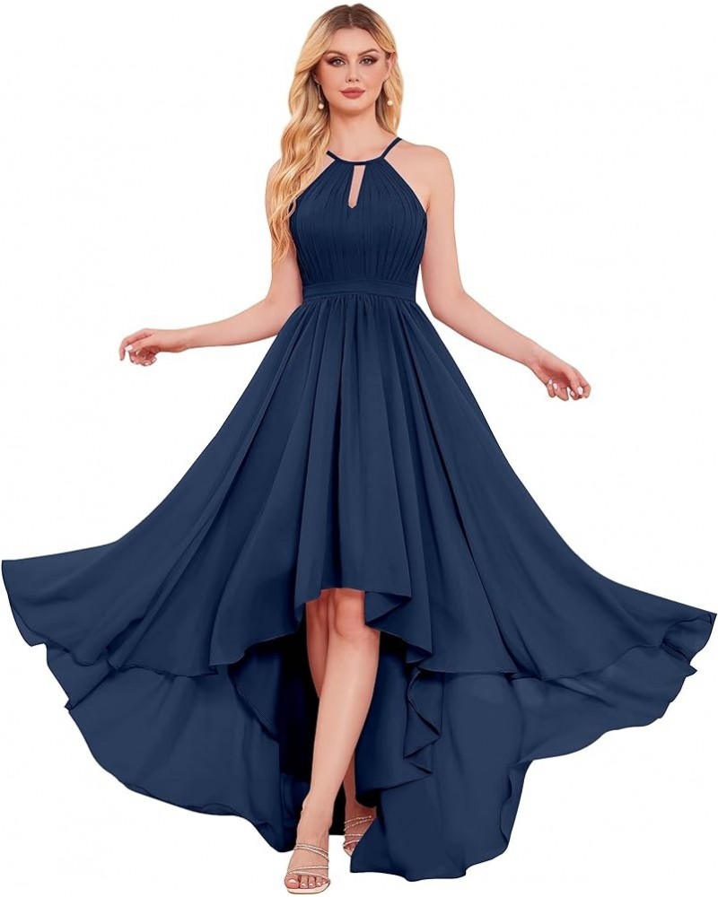 Elegant Halter Neck Bridesmaid Dresses for Wedding Pleated Top Chiffon A Line High Low Prom Dress Formal Gowns Navy Blue $30....