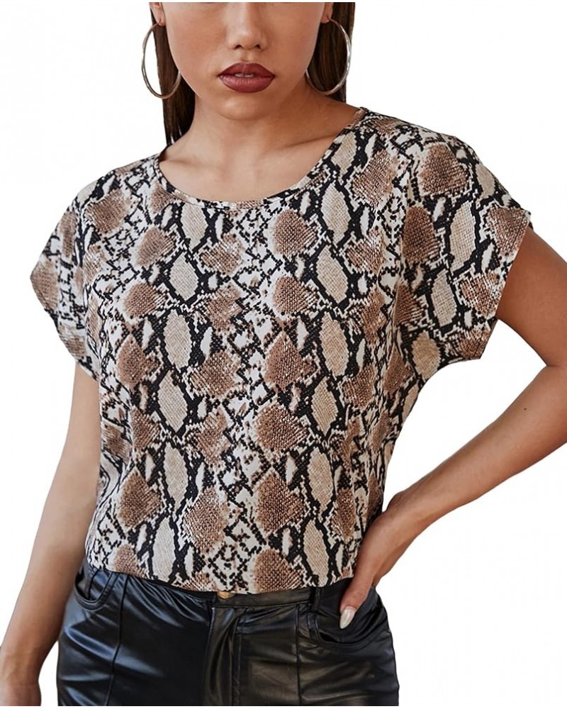 Women's Casual Crewneck Short Sleeve Satin Blouse Bat Wing Sleeve Solid Top Snakeskin Print $10.08 Blouses