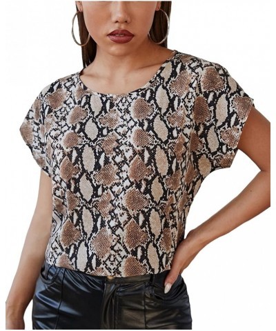 Women's Casual Crewneck Short Sleeve Satin Blouse Bat Wing Sleeve Solid Top Snakeskin Print $10.08 Blouses