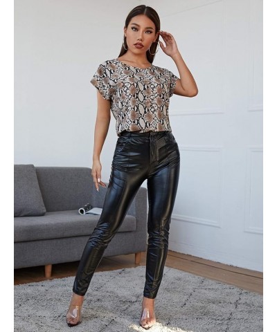 Women's Casual Crewneck Short Sleeve Satin Blouse Bat Wing Sleeve Solid Top Snakeskin Print $10.08 Blouses