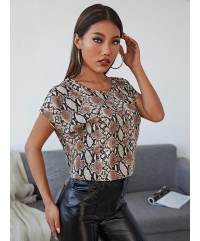 Women's Casual Crewneck Short Sleeve Satin Blouse Bat Wing Sleeve Solid Top Snakeskin Print $10.08 Blouses