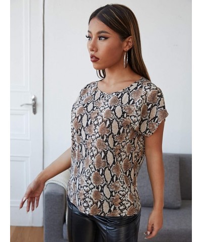 Women's Casual Crewneck Short Sleeve Satin Blouse Bat Wing Sleeve Solid Top Snakeskin Print $10.08 Blouses