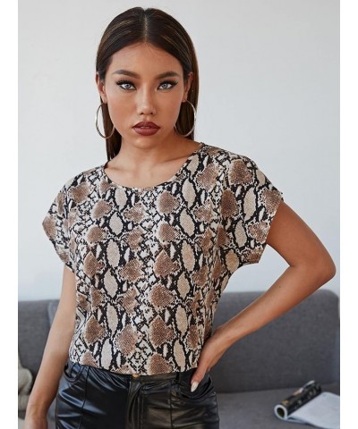 Women's Casual Crewneck Short Sleeve Satin Blouse Bat Wing Sleeve Solid Top Snakeskin Print $10.08 Blouses