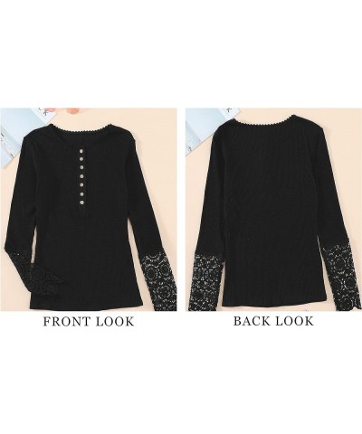 Women Long Sleeve V Neck Button Up Solid Tops Blouses Trendy Slim Fit Lace Sleeves Ribbed Knit Casual Shirts Tunic Lace Black...