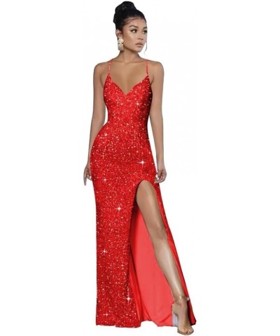 Spaghetti Straps Sequin Prom Dresses for Women 2024 V Neck Mermaid Formal Evening Gown with Slit Sparkly Party Dress Red $39....