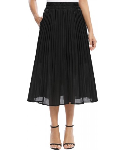 Women's Casual Chiffon Elastic Waist A-Line Pleated Midi Skirt with Pockets Black $13.90 Skirts