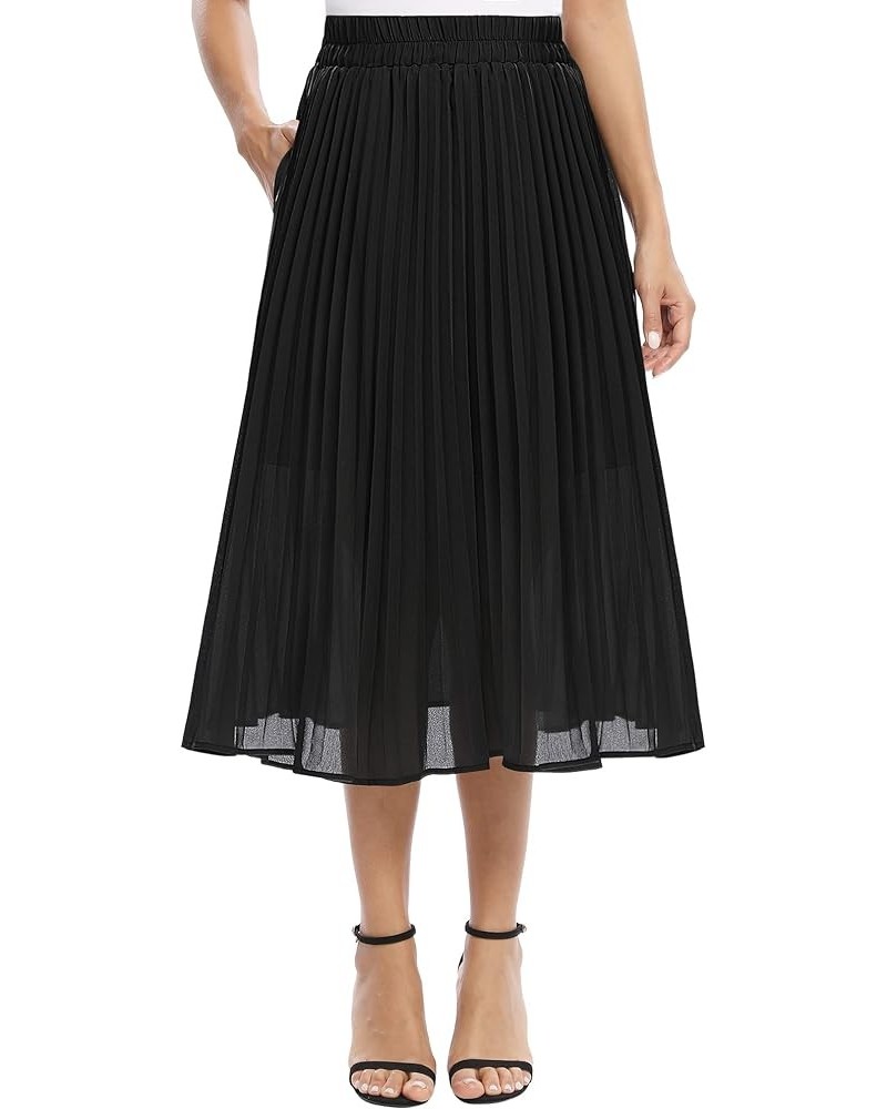 Women's Casual Chiffon Elastic Waist A-Line Pleated Midi Skirt with Pockets Black $13.90 Skirts