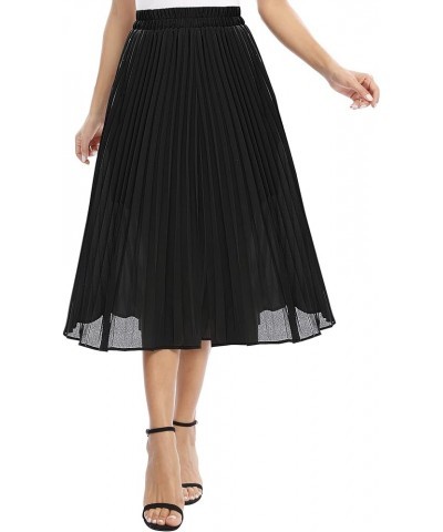 Women's Casual Chiffon Elastic Waist A-Line Pleated Midi Skirt with Pockets Black $13.90 Skirts