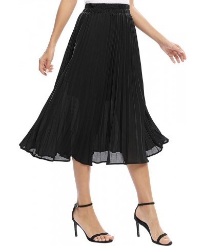 Women's Casual Chiffon Elastic Waist A-Line Pleated Midi Skirt with Pockets Black $13.90 Skirts