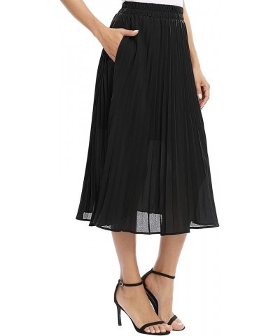 Women's Casual Chiffon Elastic Waist A-Line Pleated Midi Skirt with Pockets Black $13.90 Skirts