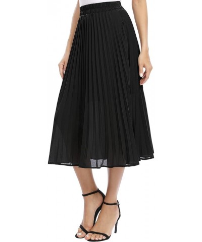 Women's Casual Chiffon Elastic Waist A-Line Pleated Midi Skirt with Pockets Black $13.90 Skirts