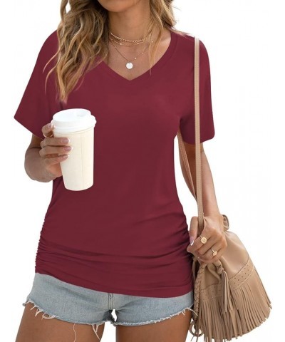 Womens 2024 Summer Tunic Tops Casual Short Sleeve V Neck Tshirts with Side Shirring Ruched Blouse Burgundy $13.24 Tops