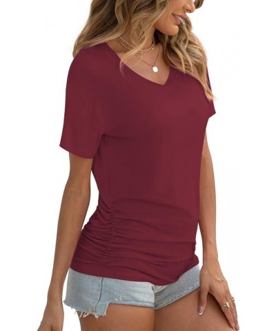 Womens 2024 Summer Tunic Tops Casual Short Sleeve V Neck Tshirts with Side Shirring Ruched Blouse Burgundy $13.24 Tops