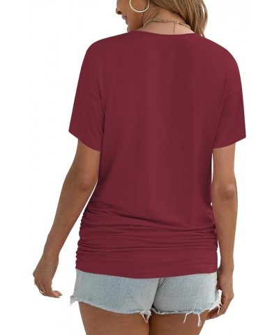 Womens 2024 Summer Tunic Tops Casual Short Sleeve V Neck Tshirts with Side Shirring Ruched Blouse Burgundy $13.24 Tops