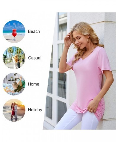 Womens 2024 Summer Tunic Tops Casual Short Sleeve V Neck Tshirts with Side Shirring Ruched Blouse Burgundy $13.24 Tops