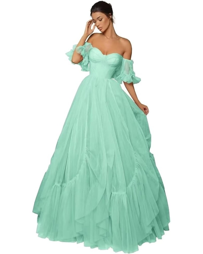 Off Shoulder Tulle Prom Dress Ruffle Sleeve Long Ruffle Puffy Ball Gowns A Line Formal Evening Party Dress Mint $30.00 Dresses