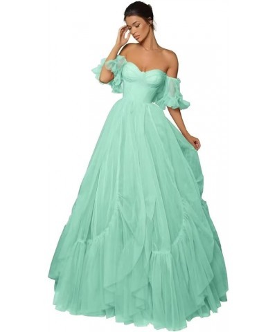 Off Shoulder Tulle Prom Dress Ruffle Sleeve Long Ruffle Puffy Ball Gowns A Line Formal Evening Party Dress Mint $30.00 Dresses