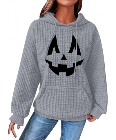 Waffle Knit Halloween Casual Hoodie Fall Sweatshirt with Pocket Fall Fashion Tops for Women Comfy Lightweight Outfits 2-gray ...