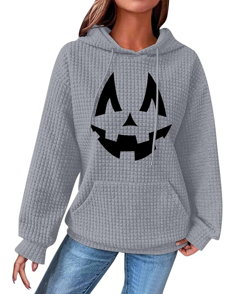 Waffle Knit Halloween Casual Hoodie Fall Sweatshirt with Pocket Fall Fashion Tops for Women Comfy Lightweight Outfits 2-gray ...